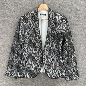 Bahari Blazer Women 10 White Floral Crochet Lined V-Neck Long Sleeve Open Front